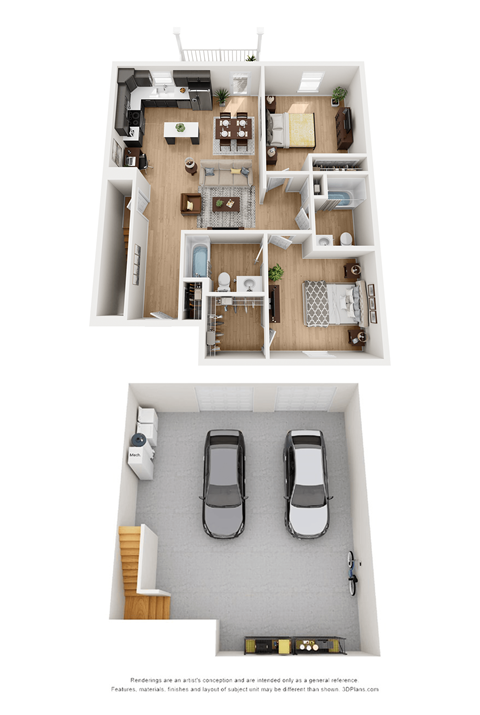 A floor plan of a house with two bedrooms, a living room, a kitchen, and two parking spaces.